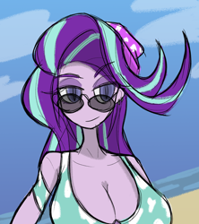 Size: 2742x3092 | Tagged: safe, artist:willowcatkin, starlight glimmer, human, equestria girls, g4, beach, big breasts, breasts, cleavage, clothes, female, hat, ocean, solo, sunglasses, swimsuit, water