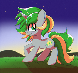 Size: 1600x1500 | Tagged: safe, artist:trackheadtherobopony, oc, oc only, oc:emerald star, pony, unicorn, artfight, big eyes, big mane, blush scribble, blushing, gift art, grass, gray coat, green eyes, horn, long tail, male, ponysona, profile, shiny mane, shiny tail, solo, sparkly eyes, sunset, tail, trans male, transgender, transgender oc, two toned mane, two toned tail, unicorn oc, walking, wingding eyes