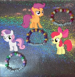 Size: 699x720 | Tagged: safe, artist:lnx1ynight16, part of a set, apple bloom, scootaloo, sweetie belle, earth pony, pegasus, pony, unicorn, g4, blank flank, bracelet, cutie mark crusaders, female, horn, jewelry, kandi, smiling, the cmc's cutie marks, trio, trio female, unicorn horn, wings