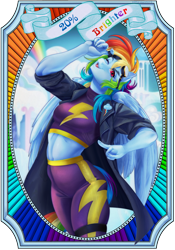 Size: 1050x1500 | Tagged: safe, artist:mifionn, rainbow dash, pegasus, anthro, fanfic:rainbow factory, g4, clothes, costume, fanfic art, female, one eye closed, pose, poster, rainbow factory dash, shadowbolt dash, shadowbolts costume, smiling, solo, trenchcoat, wink