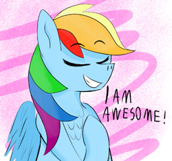 Size: 529x493 | Tagged: safe, artist:theonlyone, rainbow dash, pegasus, pony, g4, abstract background, chest fluff, clip studio paint, female, grin, mare, multicolored hair, rainbow hair, smiling, solo, text