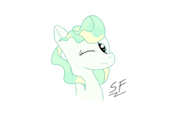 Size: 1303x862 | Tagged: safe, artist:solemnfutury, vapor trail, pegasus, pony, g4, female, looking at you, mare, one eye closed, simple background, smiling, smiling at you, solo, white background, wink, winking at you