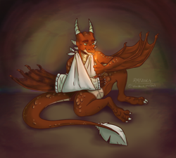 Size: 3000x2700 | Tagged: safe, artist:blushinrachel, oc, oc only, oc:ash, dragon, wyvern, bandage, broken bone, broken wing, cast, cigarette, claws, colored wings, commission, dragon oc, dragonified, injured, magic, non-pony oc, nonbinary, pyrokinesis, sling, smoking, solo, species swap, tail, wings