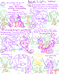 Size: 4779x6013 | Tagged: safe, artist:adorkabletwilightandfriends, fluttershy, rarity, twilight sparkle, alicorn, pony, comic:adorkable twilight and friends, g4, adorkable, adorkable twilight, advice, blushing, caught, clothes, comic, concerned, conversation, costume, cute, dork, drink, embarrassed, flower, fluttertree, forest, friendship, funny, happy, humor, nature, nervous, relief, sitting, slice of life, smiling, table, tree, twilight sparkle (alicorn)