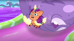 Size: 1676x934 | Tagged: safe, screencap, sunny starscout, alicorn, pony, g5, my little pony: tell your tale, the tinytrot, spoiler:g5, spoiler:my little pony: tell your tale, spoiler:tyts02e17, age regression, artificial horn, artificial wings, augmented, baby, baby pony, ball, female, filly, filly sunny starscout, foal, horn, magic, magic horn, magic wings, mane stripe sunny, race swap, sunnycorn, wings, younger