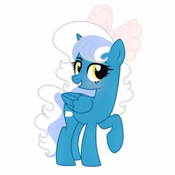 Size: 6890x6890 | Tagged: safe, artist:riofluttershy, oc, oc only, oc:fleurbelle, alicorn, pony, alicorn oc, bangs, blue coat, blushing, bow, eyelashes, female, female oc, folded wings, hair accessory, hair bow, horn, long mane, long tail, looking back, mare, mare oc, missing horn, raised hoof, show accurate, simple background, smiling, solo, standing, standing on three hooves, tail, tail accessory, two toned mane, two toned tail, wavy mane, wavy tail, white background, wings, yellow eyes