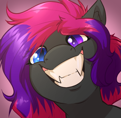 Size: 1632x1592 | Tagged: safe, artist:witchtaunter, oc, oc only, oc:slipspace perigee, pony, big grin, bust, close-up, colored pupils, commission, ear fluff, eye clipping through hair, fangs, female, female oc, gradient background, gray coat, grin, heterochromia, looking at you, mare, mare oc, portrait, shiny eyes, shiny mane, slit pupils, smiling, smiling at you, solo, striped mane, teeth, toothy grin, two toned mane