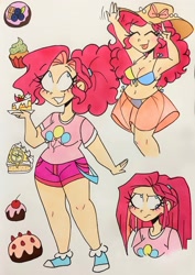 Size: 2087x2943 | Tagged: safe, artist:citi, pinkie pie, human, g4, beach hat, bikini, cake, clothes, cupcake, eyes closed, female, food, happy, hat, humanized, pie, pinkamena diane pie, shorts, smiling, solo, swimsuit, tongue out