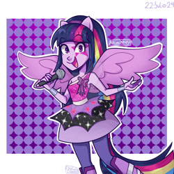 Size: 1280x1280 | Tagged: safe, artist:kikimi34454, twilight sparkle, alicorn, human, equestria girls, g4, alternate hairstyle, boots, clothes, cute, deviantart watermark, dress, face paint, female, microphone, midriff, obtrusive watermark, open mouth, passepartout, ponied up, shoes, solo, spread wings, twiabetes, twilight sparkle (alicorn), watermark, wings