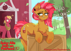 Size: 2800x2000 | Tagged: safe, artist:tombstonie, babs seed, big macintosh, earth pony, pony, g4, applecest, barn, blushing, box, buns seed, butt, butt shake, chest fluff, cousin, cousin incest, cousins, duo, duo male and female, ear piercing, emanata, female, flirting, implied incest, incest, leaning, male, mare, older, older babs seed, patreon, piercing, plot, ship:macseed, shipping, stallion, straight, straw in mouth, tree, unshorn fetlocks