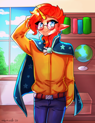 Size: 2550x3300 | Tagged: safe, artist:mylittleyuri, sunburst, human, g4, belt, blushing, book, bookshelf, cloak, clothes, dark skin, denim, elf ears, glasses, globe, horn, horned humanization, humanized, jeans, male, pants, shirt, solo, sunburst's cloak, vitiligo, window