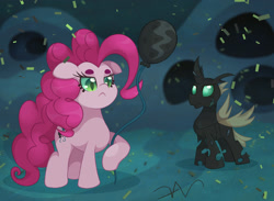 Size: 2397x1752 | Tagged: safe, artist:swasfews, pinkie pie, queen chrysalis, oc, changeling, earth pony, g4, balloon, changeling oc, confetti, disguise, disguised changeling, duo