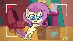 Size: 1920x1088 | Tagged: safe, screencap, fluttershy, pegasus, pony, g4, g4.5, my little pony: pony life, unboxing day, bipedal, box, camera shot, cute, female, indoors, mare, shyabetes, solo