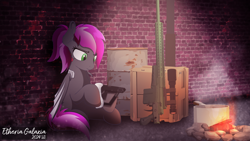 Size: 3840x2160 | Tagged: safe, artist:etheria galaxia, oc, oc only, oc:bitwise operator, bat pony, cyber pony, campfire, ear fluff, female, fire, gun, handgun, mare, pistol, rifle, scope, sniper rifle, watermark, weapon, wings