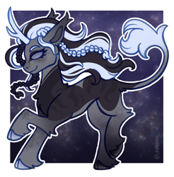 Size: 1280x1300 | Tagged: safe, artist:_rarerayy_, oc, oc only, oc:absynthe/benny, classical unicorn, pony, unicorn, artfight, blank eyes, blank flank, blue eyes, blue sclera, blue tail, braid, chest fluff, cloven hooves, colored ear tufts, colored eyebrows, colored hooves, colored horn, colored pinnae, colored sclera, digital art, ear fluff, ear tufts, eye markings, fantasy, fetlock tuft, flowing mane, freckles, gift art, gradient ears, gradient tail, gray coat, hock fluff, hooves, horn, leg amkings, leonine tail, long ears, long mane, long mane male, long tail, male, male oc, mismatched hooves, multicolored tail, no pupils, profile, raised hoof, raised leg, signature, smiling, solo, stallion, stallion oc, standing on two hooves, striped, stripes, tail, tail fluff, three toned tail, two toned mane, unicorn oc, unique horn, unshorn fetlocks, wall of tags, wavy mane