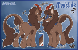 Size: 4080x2640 | Tagged: safe, artist:bagelbytes, oc, oc only, oc:mudslide, kirin, abstract background, blue eyes, blue hooves, brown coat, butt, chest fluff, cloven hooves, color palette, colored ear tufts, colored hooves, colored muzzle, colored pinnae, ear fluff, ear markings, ear tufts, eyelashes, feather, femboy, freckles, gradient background, heart, heart mark, hock fluff, hooves, horn, kirin oc, leg fluff, leg markings, lidded eyes, long mane, long tail, male, male oc, oc redesign, outline, plot, raised tail, reference sheet, sfw version, signature, smiling, solo, spots, tail, text, three toned ears