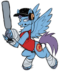 Size: 599x702 | Tagged: safe, artist:k0br4, pegasus, pony, bandage, bandaged leg, baseball bat, bucktooth, cap, chest fluff, clothes, colored hooves, crossover, flying, gray hooves, hat, headphones, holding, hoof hold, hooves, looking at you, no catchlights, no pupils, ponified, scout (tf2), shirt, simple background, smiling, smiling at you, solo, team fortress 2, unshorn fetlocks, white background, wings