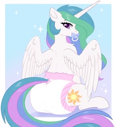 Size: 1828x2021 | Tagged: safe, artist:cotapesa, princess celestia, alicorn, pony, g4, adult foal, butt, diaper, diaper butt, diaper fetish, female, fetish, gradient background, looking at you, looking back, looking back at you, mare, non-baby in diaper, pacifier, passepartout, plot, poofy diaper, sitting, solo, sparkles, spread wings, tail, tail hole, wings