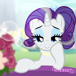 Size: 1280x1280 | Tagged: safe, artist:scienset, edit, edited screencap, screencap, rarity, pony, unicorn, g4, alternate hairstyle, ear piercing, earring, female, flower, hoof on cheek, horn, jewelry, lidded eyes, looking at you, makeup, mare, necklace, older, older rarity, pearl necklace, piercing, signature, skunk stripe, smiling, smiling at you, solo