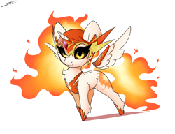 Size: 3000x2300 | Tagged: safe, artist:skitsroom, daybreaker, princess celestia, alicorn, pony, g4, chest fluff, chibi, cute, cutelestia, daybweaker, diabreaker, female, fire, floating wings, helmet, hoof shoes, jewelry, mare, regalia, signature, simple background, solo, spread wings, white background, wings