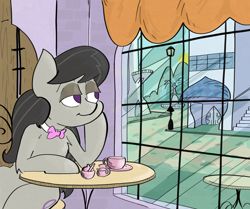 Size: 2648x2210 | Tagged: safe, artist:ponny, octavia melody, earth pony, pony, semi-anthro, g4, balcony, bowtie, cafe, canterlot, coffee mug, colored, cup, door, female, indoors, looking at something, mare, mug, plate, solo, stairs, street lamp, sun, table, teacup, tree, water, water fountain, window