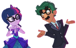 Size: 7500x4800 | Tagged: safe, edit, edited screencap, screencap, sci-twi, timber spruce, twilight sparkle, human, equestria girls, g4, my little pony equestria girls: legend of everfree, background removed, bare shoulders, blooper, clothes, dress, duo, duo male and female, female, funny, glasses, groucho marx, groucho mask, groucho spruce, hatless, male, missing accessory, necktie, shipping, shipping fuel, shirt, shrug, simple background, sleeveless, straight, strapless, suit, timbertwi, transparent background