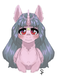 Size: 1080x1466 | Tagged: safe, artist:hotcurrykatsu, oc, oc only, alicorn, anime eyes, blushing, bust, cheek fluff, chest fluff, cute, ear fluff, female, horn, long mane, magenta eyes, mare, pink coat, profile picture, simple background, solo, white background