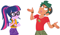 Size: 7812x4608 | Tagged: safe, edit, edited screencap, screencap, sci-twi, timber spruce, twilight sparkle, equestria girls, g4, my little pony equestria girls: legend of everfree, amused, background removed, blooper, camp everfree logo, camp everfree outfits, clothes, curly hair, duo, duo male and female, female, funny, funny face, glasses, goofy, hat, lifejacket, lip bite, male, ponytail, shirt, shorts, simple background, transparent background