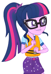 Size: 2795x4018 | Tagged: safe, edit, edited screencap, screencap, sci-twi, twilight sparkle, human, equestria girls, g4, my little pony equestria girls: legend of everfree, background removed, belt, belt buckle, blooper, camp everfree outfits, clothes, female, glasses, lifejacket, lip bite, out of context, ponytail, shirt, shorts, simple background, solo, transparent background