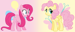 Size: 2192x952 | Tagged: safe, artist:cmors12, fluttershy, pinkie pie, earth pony, pegasus, pony, g4, alternate hairstyle, cutie mark, cutie mark background, duo, duo female, female, gradient background, hairstyle swap, mane swap, mare