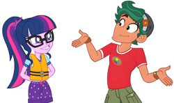 Size: 7800x4608 | Tagged: safe, edit, edited screencap, screencap, sci-twi, timber spruce, twilight sparkle, human, equestria girls, g4, my little pony equestria girls: legend of everfree, adorkable, amused, blooper, camp everfree logo, camp everfree outfits, clothes, cute, dork, duo, duo male and female, female, glasses, hat, lifejacket, male, not a vector, ponytail, shipping, shipping fuel, shirt, shorts, shrug, simple background, smiling, straight, timbertwi, transparent background