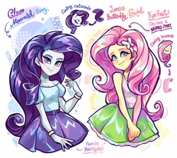 Size: 2048x1828 | Tagged: safe, artist:libbly_libby, fluttershy, rarity, butterfly, human, pegasus, unicorn, equestria girls, g4, 2d, clothes, cutie mark on clothes, diamond, duo, duo female, eyes closed, eyeshadow, female, gold, hair tutorial, hairclip, horn, looking at you, makeup, shirt, short sleeves, skirt, sleeveless, sleeveless shirt, smiling, smiling at you, wrist cuffs