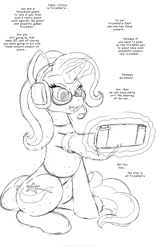 Size: 1250x2000 | Tagged: safe, artist:runningtoaster, trixie, pony, unicorn, g4, clothes, dialogue, female, gamer, glasses, headset, horn, levitation, magic, mare, open mouth, open smile, shirt, simple background, sitting, sketch, smiling, solo, steam deck, telekinesis, transformation, transgender transformation, white background