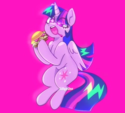 Size: 1018x925 | Tagged: safe, artist:sillyp0ne, twilight sparkle, alicorn, pony, g4, bangs, bright background, burger, colored eyelashes, cute, drool, eye clipping through hair, eyelashes, female, food, hay burger, heart tongue, herbivore, hoof hold, horn, long mane, long tail, looking at something, mare, multicolored mane, multicolored tail, open mouth, open smile, partially open wings, pink background, purple coat, purple eyelashes, purple eyes, saturated, shiny mane, shiny tail, simple background, smiling, solo, sparkly eyes, starry eyes, straight mane, straight tail, tail, teeth, that pony sure does love burgers, three toned mane, three toned tail, twiabetes, twilight burgkle, twilight sparkle (alicorn), unicorn horn, wall of tags, watermark, wingding eyes, wings