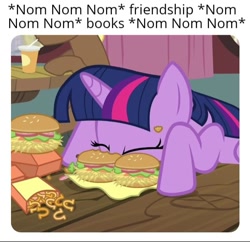 Size: 546x528 | Tagged: safe, edit, edited screencap, screencap, coco crusoe, twilight sparkle, alicorn, pony, g4, twilight time, book, bookhorse, burger, caption, cropped, duo, duo male and female, eating, female, food, hay burger, herbivore, male, meme, nom, solo focus, stuffing, text, that pony sure does love books, that pony sure does love burgers, that pony sure does love eating, that pony sure does love friendship, twilight burgkle, twilight sparkle (alicorn)