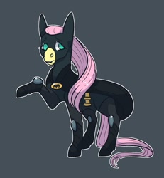 Size: 500x540 | Tagged: safe, artist:art-and-a-half, fluttershy, pegasus, pony, g4, batman, cape, clothes, cosplay, costume, dc comics, female, flutterbatman, gray background, mask, raised hoof, simple background, solo, standing