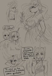 Size: 1396x2047 | Tagged: safe, artist:sarpiza_, flash sentry, princess celestia, twilight sparkle, oc, alicorn, pegasus, anthro, g4, alicorn oc, big breasts, breasts, busty princess celestia, clothes, dialogue, dress, english, female, gray background, grayscale, horn, male, mare, monochrome, offspring, parent:flash sentry, parent:twilight sparkle, parents:flashlight, pencil drawing, ship:flashlight, shipping, simple background, spanish, speech bubble, stallion, straight, traditional art, twilight sparkle (alicorn), wings