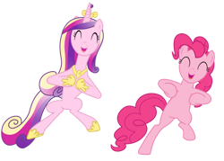 Size: 1024x732 | Tagged: safe, artist:popmannn, pinkie pie, princess cadance, alicorn, earth pony, pony, a canterlot wedding, g4, ^^, belly, bipedal, chicken dance, concave belly, cute, cutedance, dancing, diapinkes, duo, duo female, eyes closed, female, hoof shoes, mare, physique difference, simple background, slender, thin, transparent background, vector