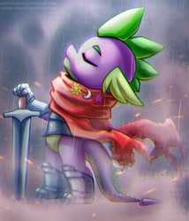 Size: 1000x1169 | Tagged: safe, artist:chaosangeldesu, spike, dragon, g4, armor, chromatic aberration, clothes, epic spike, eyes closed, knight, knight spike, male, rain, scarf, solo, sword, weapon, wingless spike