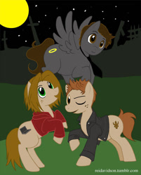 Size: 561x698 | Tagged: safe, artist:reidavidson, earth pony, pegasus, pony, castiel, dean winchester, male, night, old art, ponified, raised hoof, rearing, sam winchester, supernatural, trio