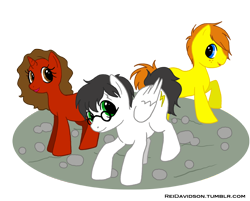 Size: 758x610 | Tagged: safe, artist:reidavidson, earth pony, pegasus, pony, unicorn, female, glasses, harry potter, harry potter (series), hermione granger, horn, male, old art, ponified, ron weasley, scar, simple background, transparent background, trio