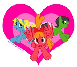 Size: 846x742 | Tagged: safe, artist:reidavidson, earth pony, pegasus, pony, unicorn, blossom (powerpuff girls), bubbles (powerpuff girls), buttercup (powerpuff girls), female, heart, heart background, horn, old art, ponified, the powerpuff girls, trio