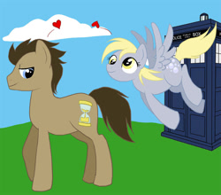 Size: 906x797 | Tagged: safe, artist:reidavidson, derpy hooves, doctor whooves, time turner, earth pony, pegasus, pony, g4, cloud, doctor who, duo, duo male and female, female, heart, male, old art, ship:doctorderpy, shipping, spoken heart, straight, tardis