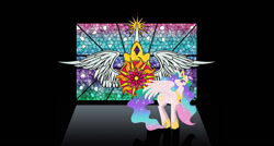 Size: 1296x696 | Tagged: safe, alternate version, artist:reidavidson, princess celestia, alicorn, pony, g4, crown, female, horn, jewelry, mare, old art, regalia, solo, stained glass, sun, turned head, window, wings