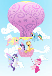 Size: 684x996 | Tagged: safe, artist:reidavidson, applejack, fluttershy, pinkie pie, rainbow dash, rarity, twilight sparkle, earth pony, pegasus, pony, unicorn, g4, female, flying, gossamer wings, horn, hot air balloon, mane six, mare, missing cutie mark, old art, sky background, twinkling balloon, unicorn twilight, wings