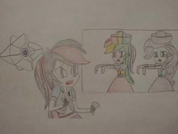 Size: 1040x780 | Tagged: safe, artist:arrowsweetie, rainbow dash, rarity, oc, oc:red arrow, human, undead, zombie, equestria girls, g4, british, clothes, dress, long dress, long skirt, skirt, traditional art, trio