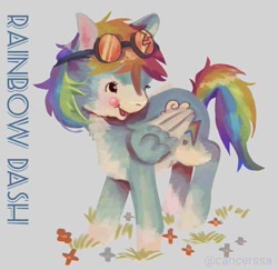 Size: 900x874 | Tagged: safe, artist:arterija, rainbow dash, pegasus, pony, g4, 80s, character name, cute, cutie mark, fanart, gray background, redesign, simple background, solo, trace, wings