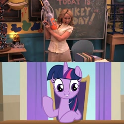 Size: 2160x2160 | Tagged: safe, edit, edited screencap, screencap, twilight sparkle, alicorn, human, pony, g4, big time rush, duo, duo female, female, irl, irl human, miss collins, photo, school of friendship, tara strong, twilight sparkle (alicorn), twilight's office, voice actor joke