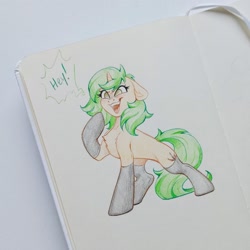 Size: 1278x1280 | Tagged: safe, artist:amishy, oc, oc only, pony, unicorn, chest fluff, clothes, colored pencil drawing, dialogue, ears back, female, horn, latex, latex socks, mare, open mouth, open smile, smiling, socks, solo, speech bubble, traditional art