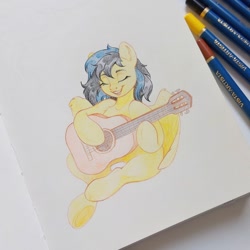 Size: 1278x1280 | Tagged: safe, artist:amishy, oc, oc only, pegasus, pony, chest fluff, colored pencil drawing, dexterous hooves, female, guitar, mare, musical instrument, open mouth, open smile, sitting, smiling, solo, traditional art, underhoof